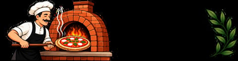 Chef with pizza paddle and traditional brick oven with flames, plus green herb leaves icon