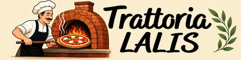 Trattoria Lalis logo featuring a chef with a traditional wood-fired pizza oven and pizza
